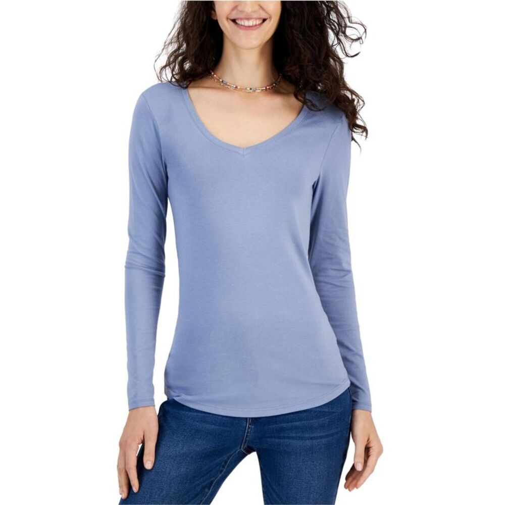 Aveto Womens V-Neck Long-Sleeved Basic T-Shirt, Blue, Juniors, S, DM